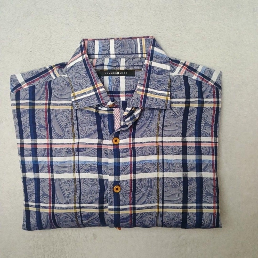 Hammer Made Shirt Mens 16.5 Blue Plaid Button-Up Paisley Limited Edition Work